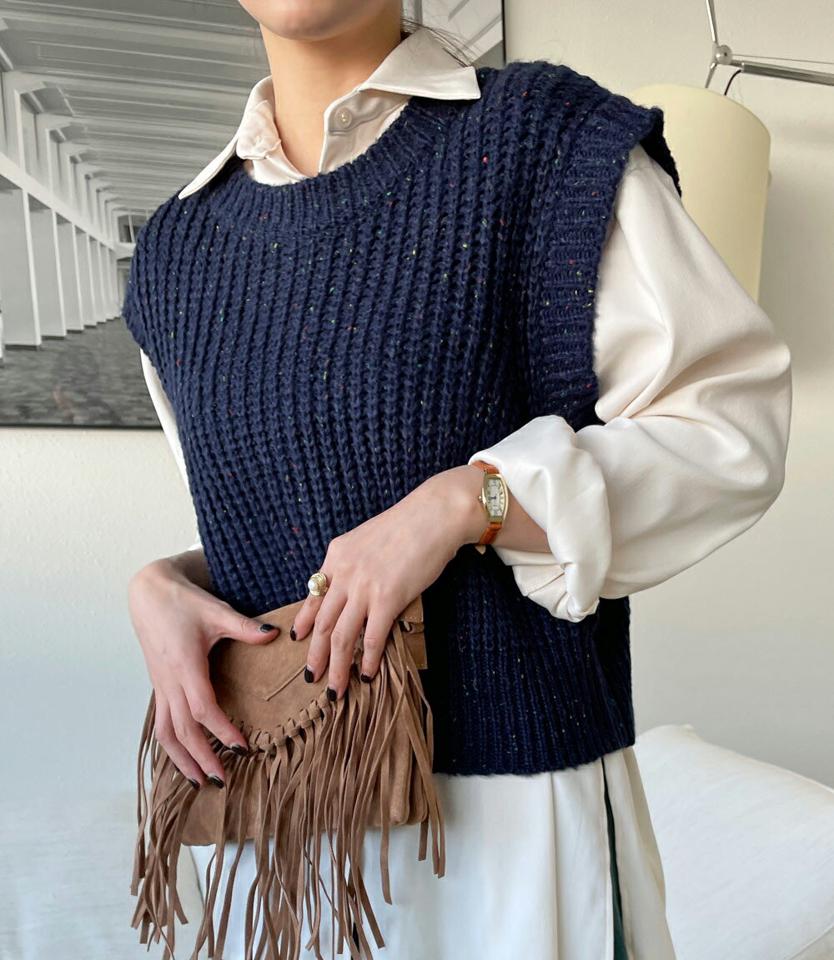 【今だけこの価格】クロップドミックスニットベスト・全4色・t71572 レディース 【tops】ベスト ニット クロップド丈 ミックス レイヤード スリーブレス ノースリーブ カジュアル かわいい ラフ 秋 冬 韓国ファッション ハイホリHIHOLLI セール