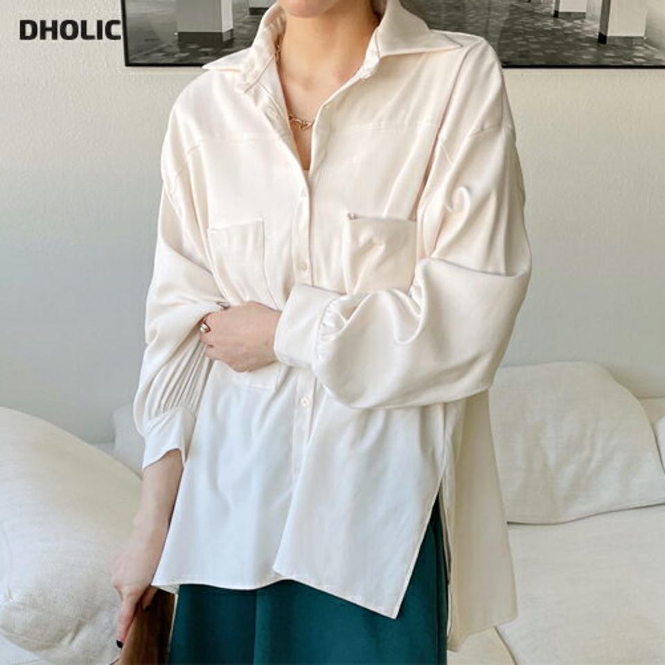 オーバーフィットカラーシャツ・全3色・t71519 レディース 【bl】トップス シャツ 長袖 オーバーサイズ ゆったり 単色 無地 シンプル ベーシック 大人 きれいめ スリット アンバランス 秋 冬 韓国ファッション ハイホリHIHOLLI