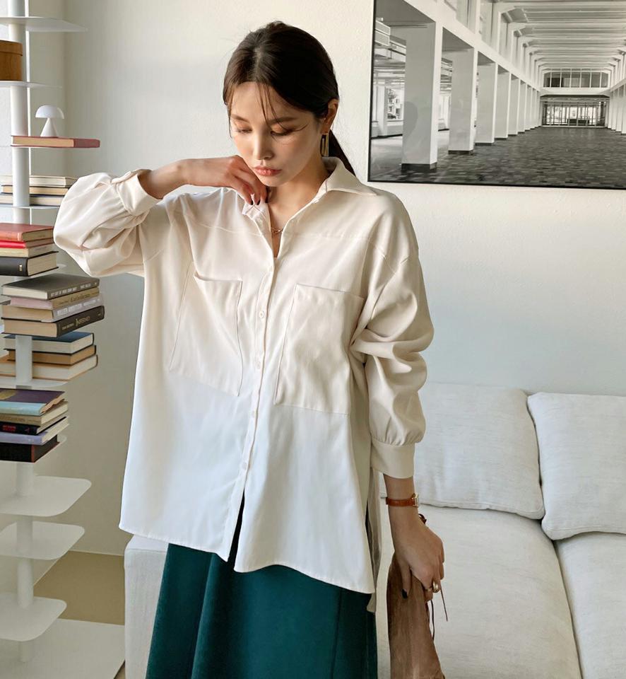 オーバーフィットカラーシャツ・全3色・t71519 レディース 【bl】トップス シャツ 長袖 オーバーサイズ ゆったり 単色 無地 シンプル ベーシック 大人 きれいめ スリット アンバランス 秋 冬 韓国ファッション ハイホリHIHOLLI