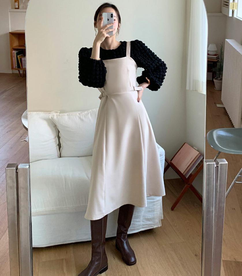 【10%OFF】サイドベルトビスチェワンピース・全3色・t71573 レディース 【ops】ワンピース ロング丈 ロングワンイース スリーブレス ノースリーブ 単色 無地 シンプル フレア ウエストマーク 大人 秋 冬 春 韓国ファッション ハイホリHIHOLLI【opsセール】