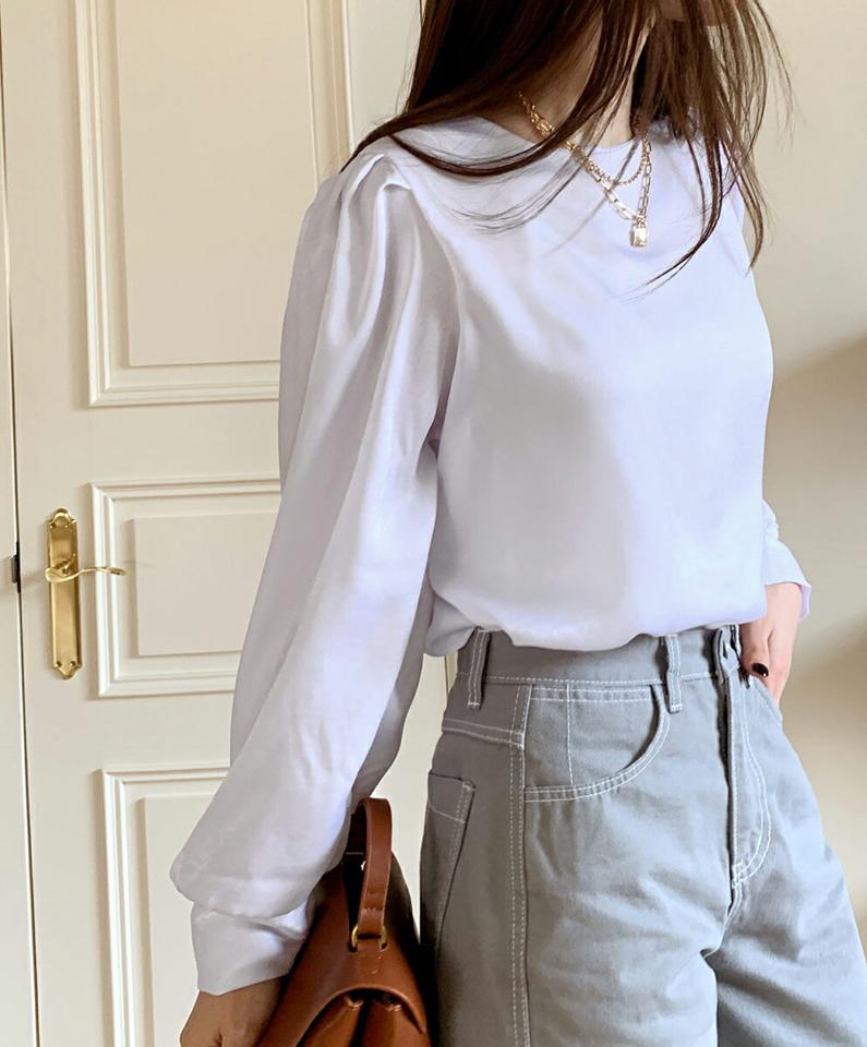 シルキーラウンドブラウス・全5色・t71515 レディース 【bl】トップス ブラウス 長袖 シルキー 光沢 単色 無地 シンプル 大人 パフスリーブ パフ袖 レディ 秋 冬 韓国ファッション ハイホリHIHOLLI