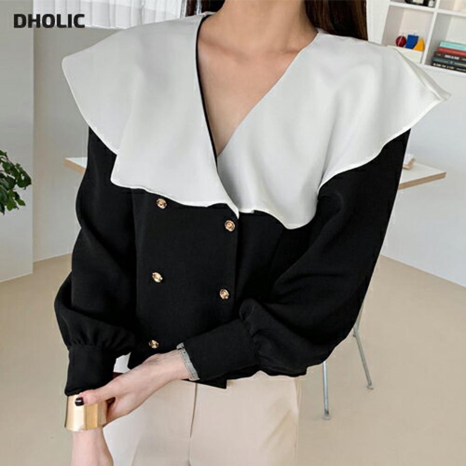 フレアカラーダブルボタンブラウス・全3色・b71516 レディース 【bl】トップス ブラウス 長袖 フレア 襟 フェミニン 大人 かわいい Vネック ゴールドボタン モダン ガーリー 秋 冬 韓国ファッション ハイホリHIHOLLI