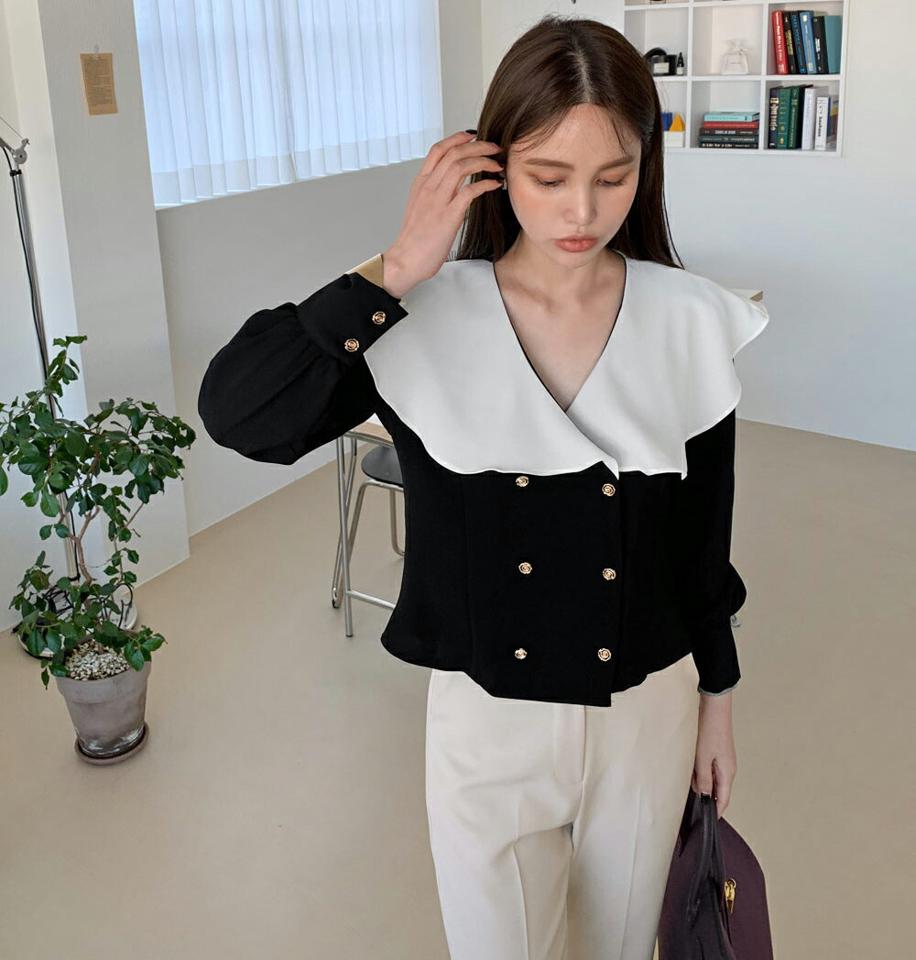 フレアカラーダブルボタンブラウス・全3色・b71516 レディース 【bl】トップス ブラウス 長袖 フレア 襟 フェミニン 大人 かわいい Vネック ゴールドボタン モダン ガーリー 秋 冬 韓国ファッション ハイホリHIHOLLI