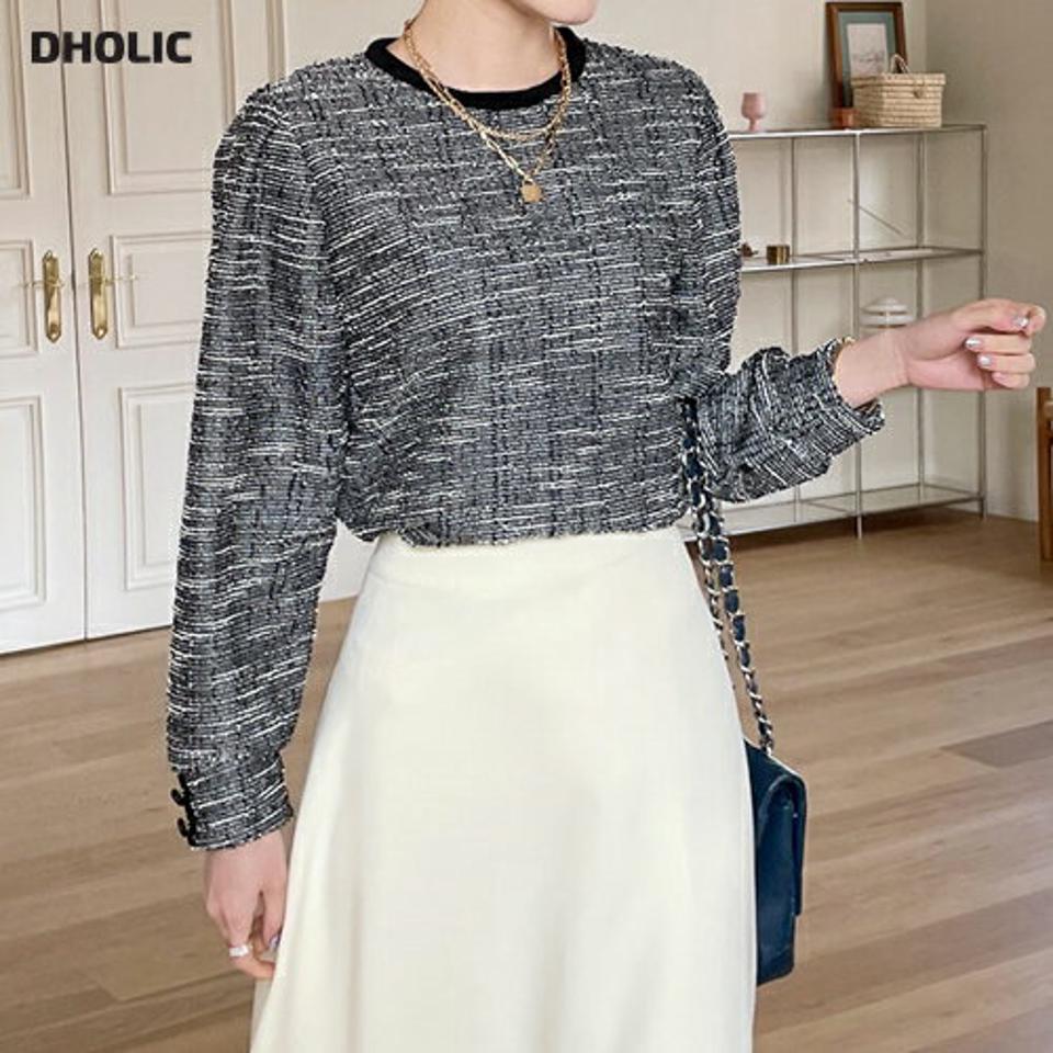 ツイードバックボタンブラウス・全3色・t71518 レディース 【bl】トップス ブラウス ツイード 長袖 大人 高級感 上品 きれいめ レディ フェミニン 秋 冬 韓国ファッション ハイホリHIHOLLI