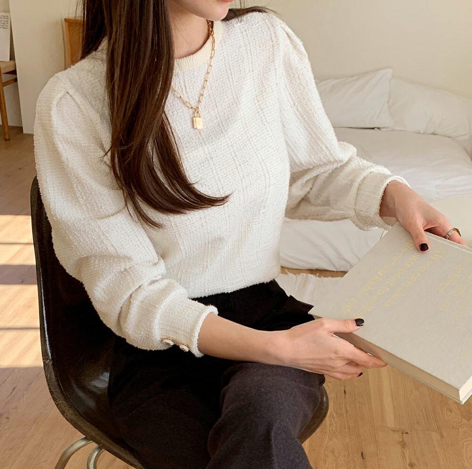 ツイードバックボタンブラウス・全3色・t71518 レディース 【bl】トップス ブラウス ツイード 長袖 大人 高級感 上品 きれいめ レディ フェミニン 秋 冬 韓国ファッション ハイホリHIHOLLI