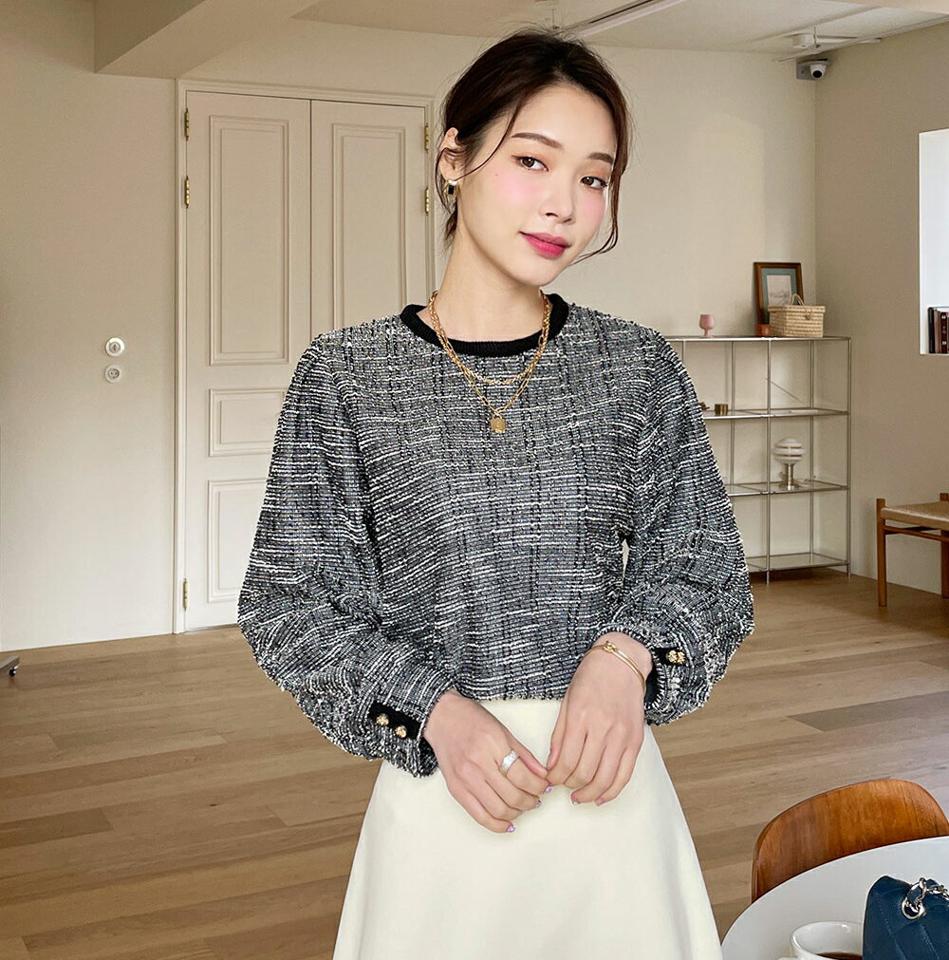 ツイードバックボタンブラウス・全3色・t71518 レディース 【bl】トップス ブラウス ツイード 長袖 大人 高級感 上品 きれいめ レディ フェミニン 秋 冬 韓国ファッション ハイホリHIHOLLI