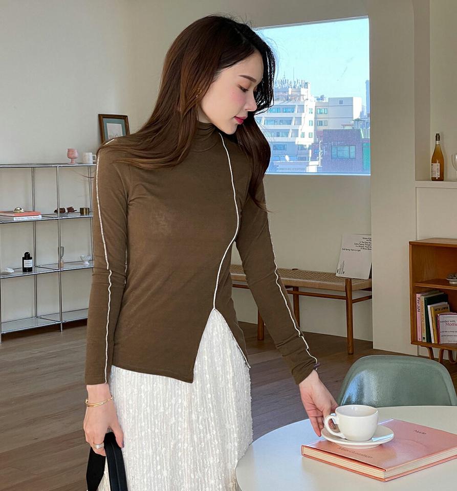 配色ステッチスリットタートルTシャツ・全2色・t71520 レディース 【tops】トップス Tシャツ 長袖 タートルネック ステッチ 大人 ユニーク スリム スリット 秋 冬 韓国ファッション ハイホリHIHOLLI