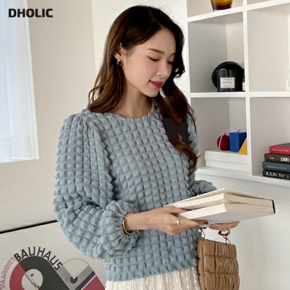 エンボスパフブラウス・全4色・t71517 レディース 【tops】トップス ブラウス 長袖 パフ袖 パフスリーブ エンボス カジュアル 大人 ユニーク かわいい ボリューム袖 秋 冬 韓国ファッション ハイホリHIHOLLI