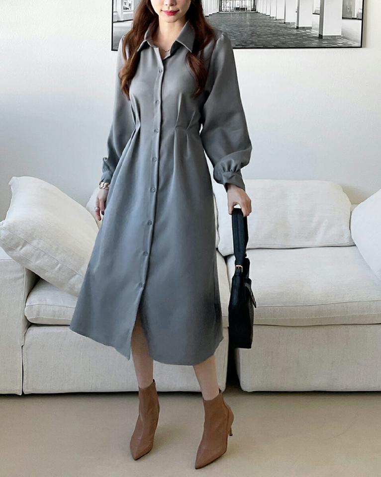タックリボンワンピース・全3色・t71527 レディース 【ops】ワンピース ロング丈 ロングワンピース 長袖 りぼん 単色 無地 シンプル 大人 襟 シック きれいめ フレア 秋 冬 春 韓国ファッション ハイホリHIHOLLI