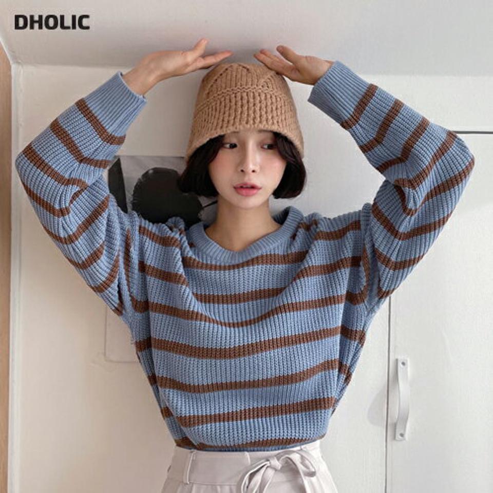 【只今10%OFF】ボーダーミドルゲージニット・全5色・b66101 レディース 【tops】韓国ファッション トップス ニット 大人 長袖 ラウンドネック ボーダー ミドルゲージ クロップド丈 シンプル 体型カバー フェミニン カジュアル 秋 冬【ニットセール】