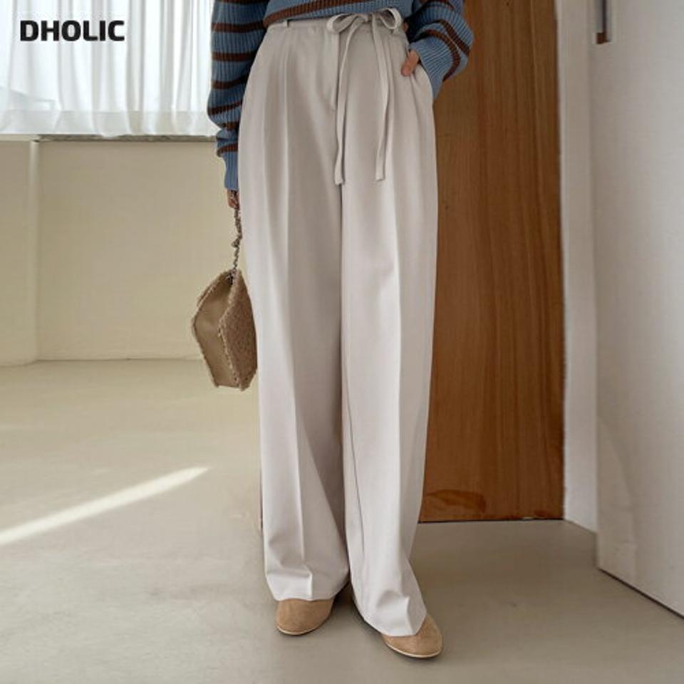 リボンワイドスラックス・全3色・t66111 レディース 【pt】韓国ファッション ボトムス ロング ロングパンツ スラックスパンツ スラックス リボン ワイド ストレート ツータック ハイウエスト 無地 シンプル 体型カバー フェミニン 秋 冬