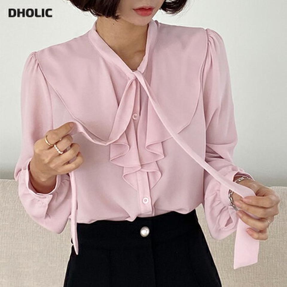 ラッフルリボンブラウス・全3色・b66097 レディース 【bl】韓国ファッション トップス ブラウス 長袖 フリルネック ラッフル リボン シフォン パステル カフスボタン 無地 シンプル ピンク 大人 カジュアル フェミニン 春 秋 冬