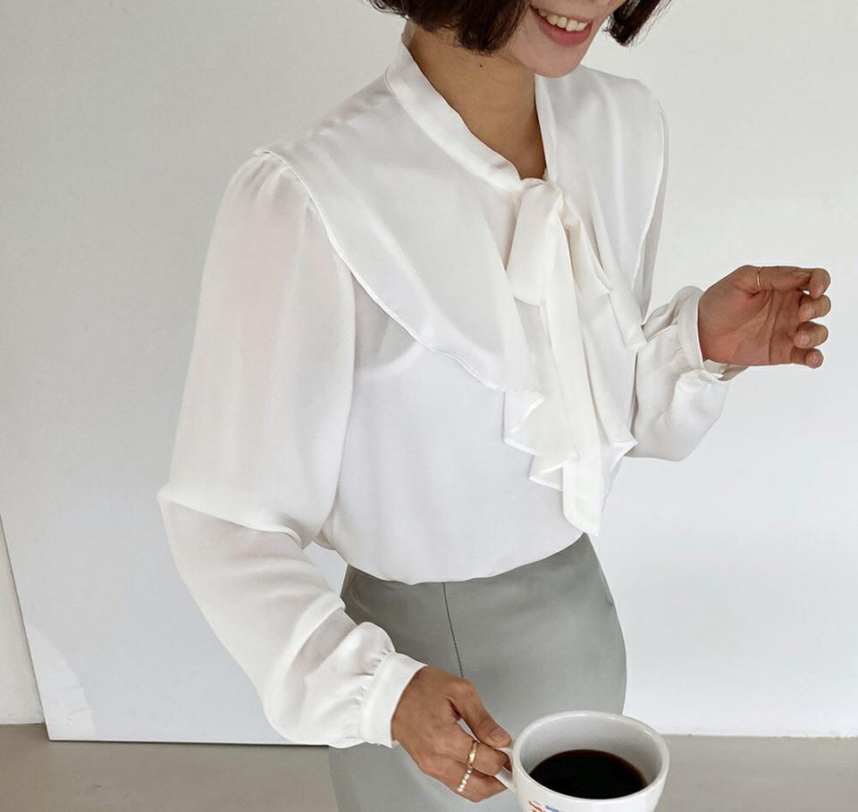 ラッフルリボンブラウス・全3色・b66097 レディース 【bl】韓国ファッション トップス ブラウス 長袖 フリルネック ラッフル リボン シフォン パステル カフスボタン 無地 シンプル ピンク 大人 カジュアル フェミニン 春 秋 冬