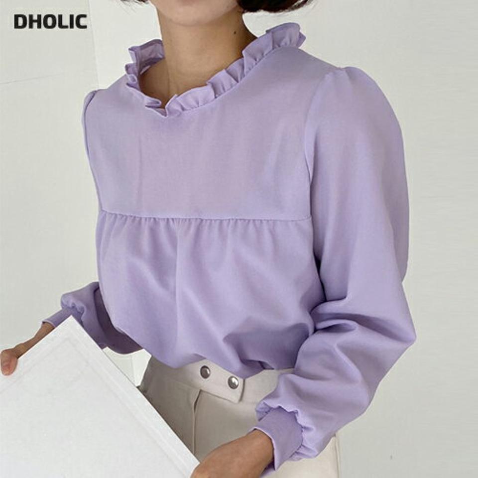 ネックフリルギャザーブラウス・全4色・t66096 レディース 【bl】韓国ファッション トップス ブラウス 長袖 ラウンドネック フリル ギャザー オーバーサイズ 無地 シンプル パステル 大人 体型カバー カジュアル フェミニン 春 秋 冬