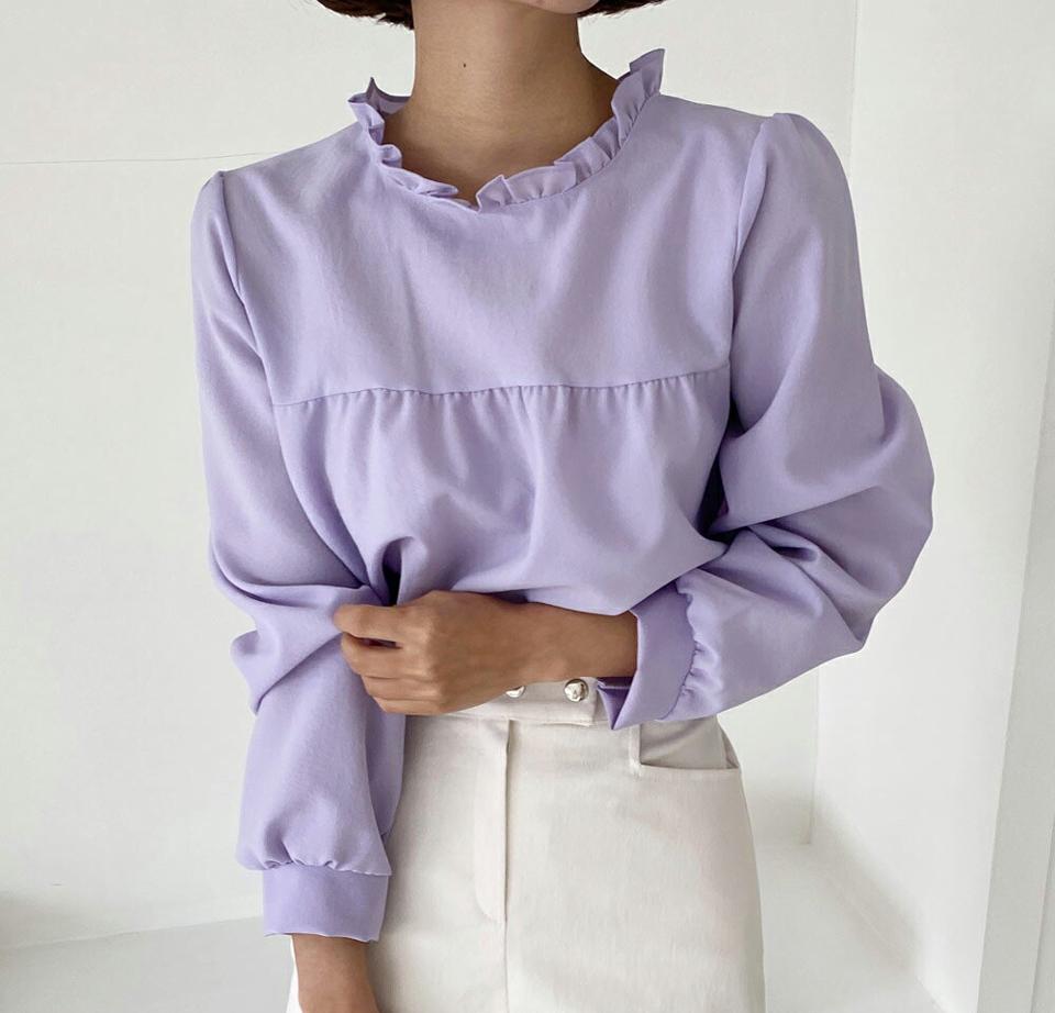 ネックフリルギャザーブラウス・全4色・t66096 レディース 【bl】韓国ファッション トップス ブラウス 長袖 ラウンドネック フリル ギャザー オーバーサイズ 無地 シンプル パステル 大人 体型カバー カジュアル フェミニン 春 秋 冬