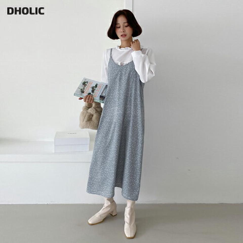 小花柄キャミワンピース・全3色・t66105 レディース 【ops】韓国ファッション ワンピース ロングワンピース キャミワンピース Vネック 小花柄 花柄 フローラル フラワー ロング丈 フレア シンプル 体型カバー カジュアル フェミニン 秋 冬