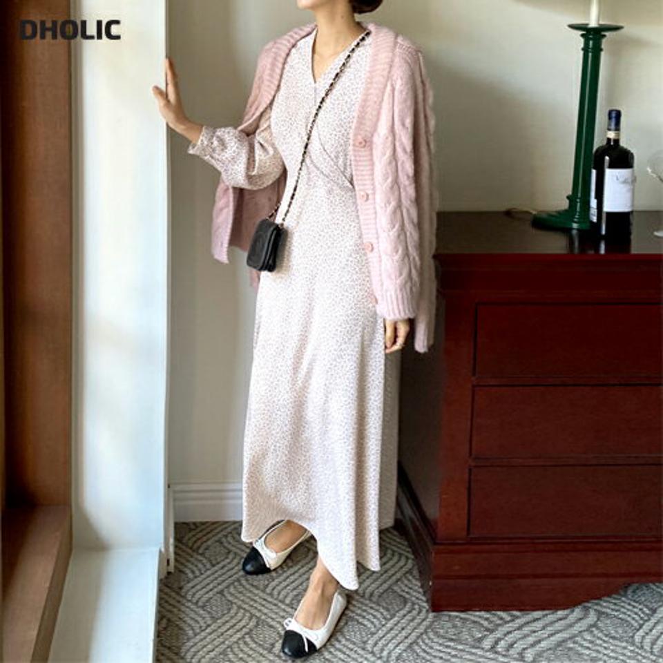 バックリボンカシュクールフローラルワンピース・全2色・t66241 レディース 【ops】韓国ファッション ワンピース ロングワンピース 長袖 Vネック リボン カシュクール 花柄 フラワー フローラル ロング丈 シンプル 体型カバー カジュアル 秋 冬