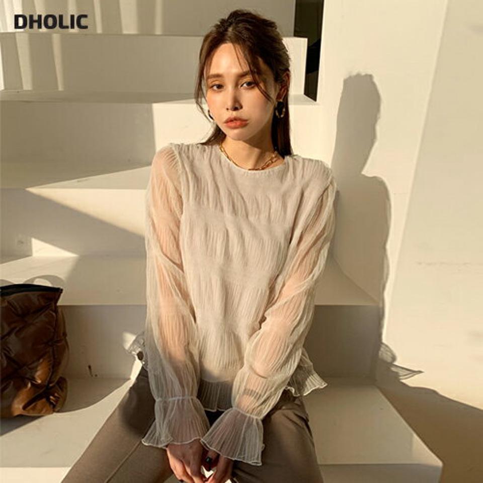 リンクルシフォンブラウス・全3色・t00051 レディース 【bl】トップス ブラウス 長袖 シフォン フェミニン 透け感 シアー シースルー リンクル 大人 可愛い かわいい レディ 秋 冬 春 韓国ファッション ハイホリHIHOLLI