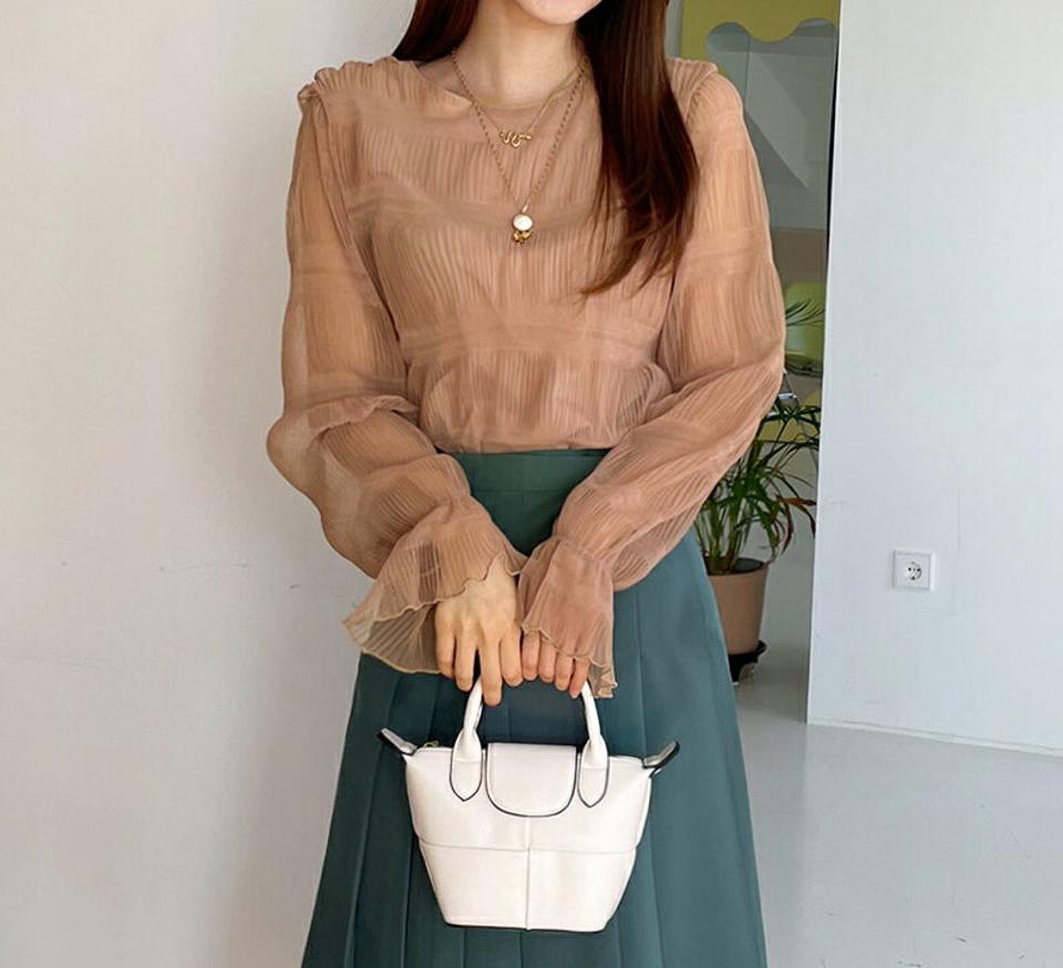 リンクルシフォンブラウス・全3色・t00051 レディース 【bl】トップス ブラウス 長袖 シフォン フェミニン 透け感 シアー シースルー リンクル 大人 可愛い かわいい レディ 秋 冬 春 韓国ファッション ハイホリHIHOLLI