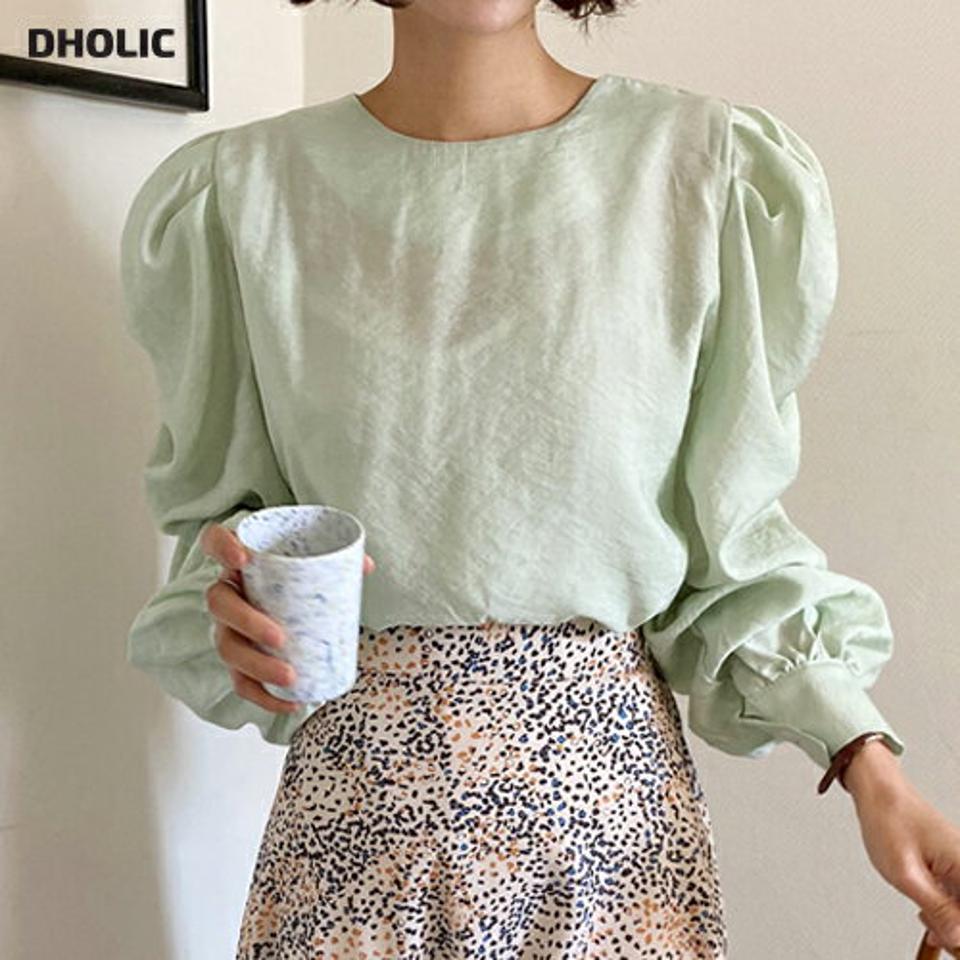 ラウンドパフブラウス・全3色・t66234 レディース 【bl】韓国ファッション トップス ブラウス 長袖 ラウンドネック ギャザー パフスリーブ パステル 無地 シンプル 大人 カジュアル フェミニン ボリュームスリーブ 春 秋 冬