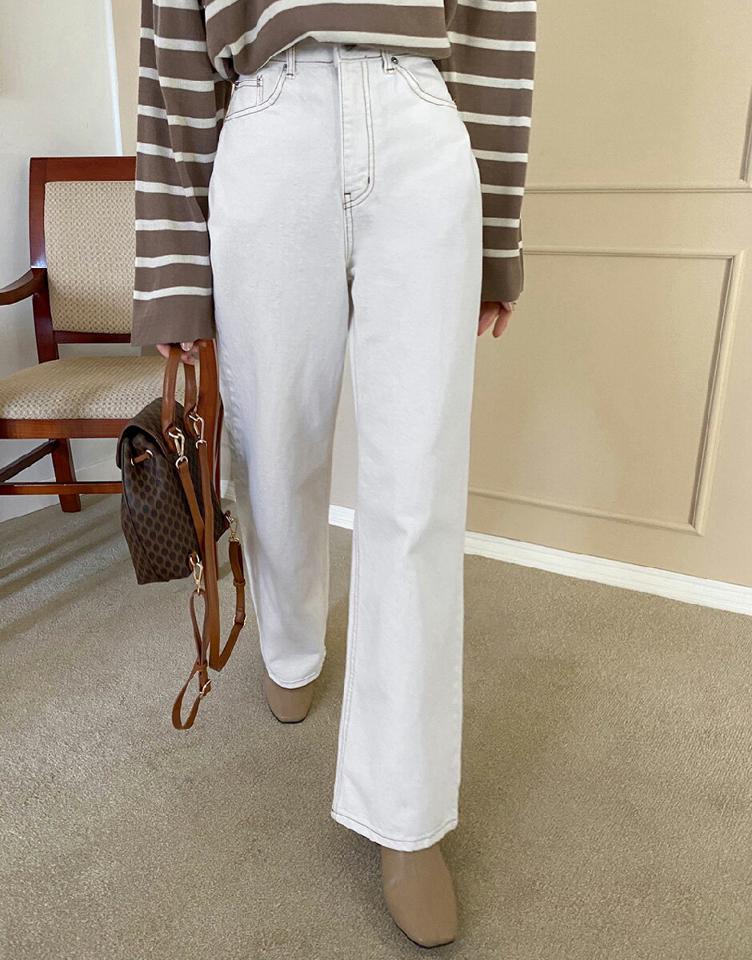 アイボリーワイドパンツ・全1色・t66265 レディース 【pt】韓国ファッション ボトムス ロング ロングパンツ ワイドパンツ ハイウエスト ストレート ポケット ステッチ 無地 シンプル フェミニン カジュアル 秋 冬