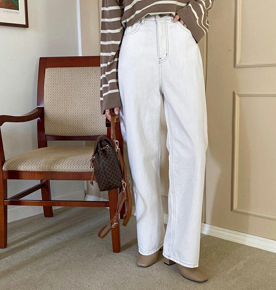 アイボリーワイドパンツ・全1色・t66265 レディース 【pt】韓国ファッション ボトムス ロング ロングパンツ ワイドパンツ ハイウエスト ストレート ポケット ステッチ 無地 シンプル フェミニン カジュアル 秋 冬