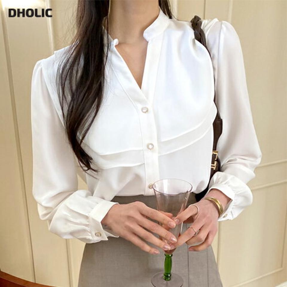 ダブルフリルブラウス・全5色・66230 レディース 【bl】韓国ファッション トップス ブラウス 長袖 Vネック バンドカラー ダブルフリル パフスリーブ カフス ボタン 無地 シンプル 大人 体型カバー カジュアル フェミニン 春 秋 冬