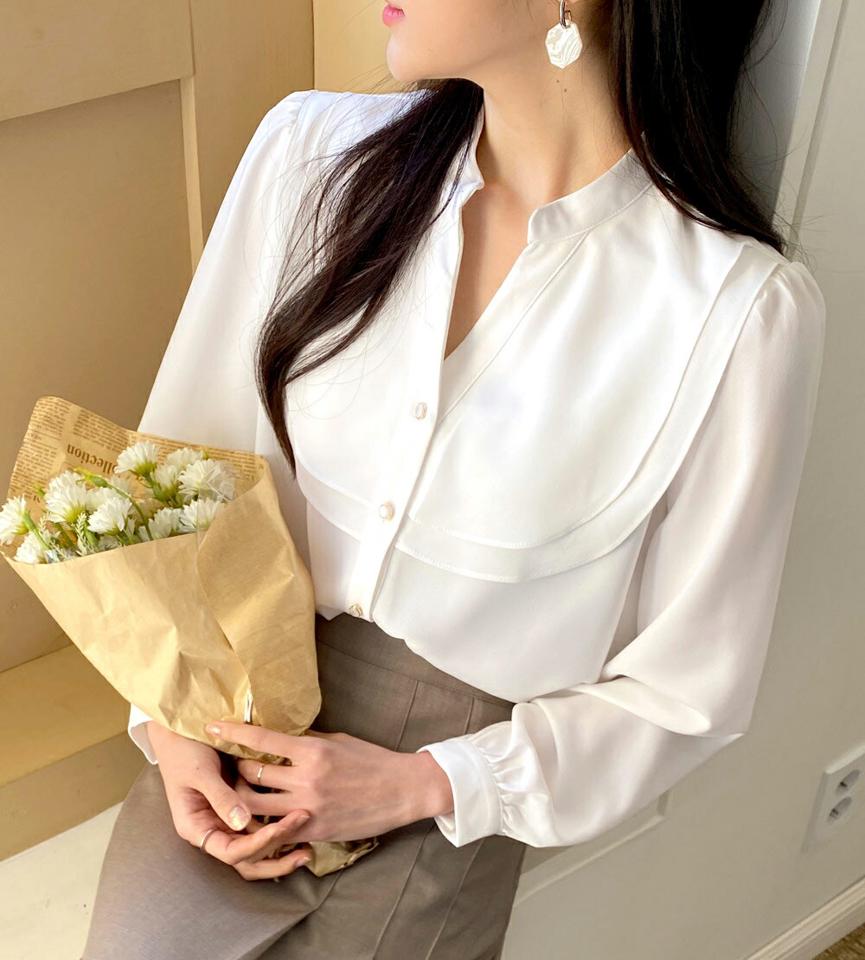 ダブルフリルブラウス・全5色・66230 レディース 【bl】韓国ファッション トップス ブラウス 長袖 Vネック バンドカラー ダブルフリル パフスリーブ カフス ボタン 無地 シンプル 大人 体型カバー カジュアル フェミニン 春 秋 冬