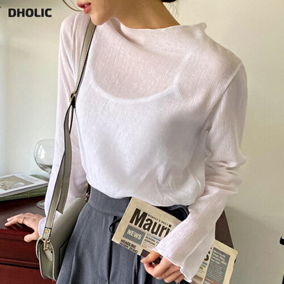 シアーリンクルハーフネックブラウス・全3色・t66233 レディース 【bl】韓国ファッション トップス ブラウス 長袖 ハーフネック シアーリンクルン スリム スリット シンプル 大人 体型カバー カジュアル フェミニン 春 秋 冬