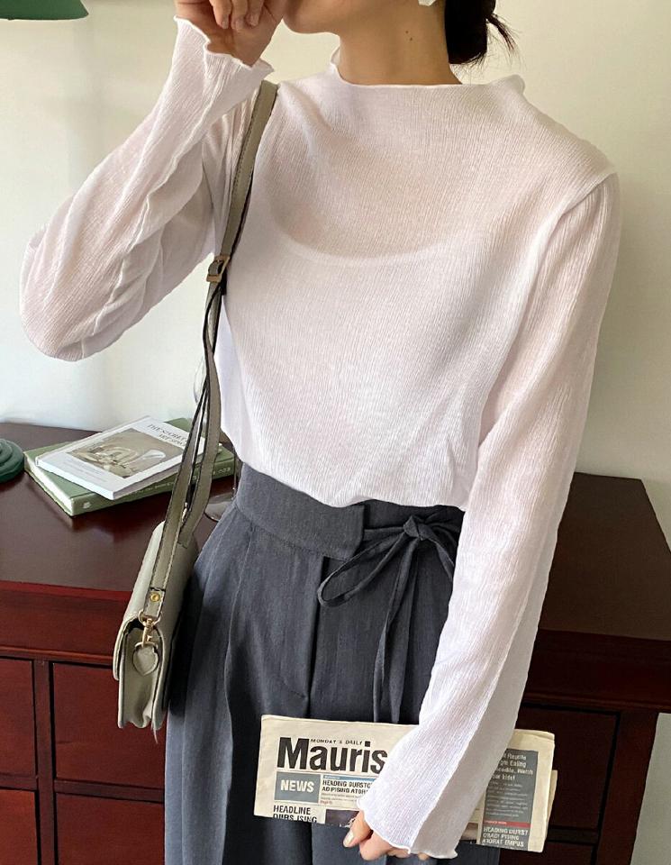 シアーリンクルハーフネックブラウス・全3色・t66233 レディース 【bl】韓国ファッション トップス ブラウス 長袖 ハーフネック シアーリンクルン スリム スリット シンプル 大人 体型カバー カジュアル フェミニン 春 秋 冬