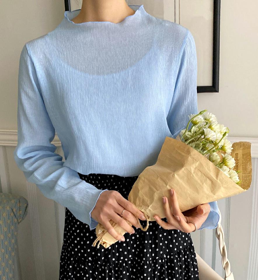 シアーリンクルハーフネックブラウス・全3色・t66233 レディース 【bl】韓国ファッション トップス ブラウス 長袖 ハーフネック シアーリンクルン スリム スリット シンプル 大人 体型カバー カジュアル フェミニン 春 秋 冬