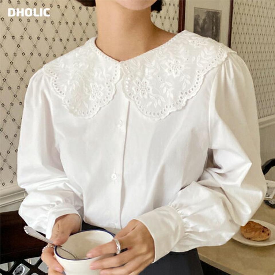 スカラップレースカラーブラウス・全2色・t66236 レディース 【bl】韓国ファッション トップス ブラウス 長袖 ラウンドネック 花柄 フラワー スカラップ レースカラー 襟コンシャス シンプル 大人 体型カバー カジュアル フェミニン 春 秋 冬