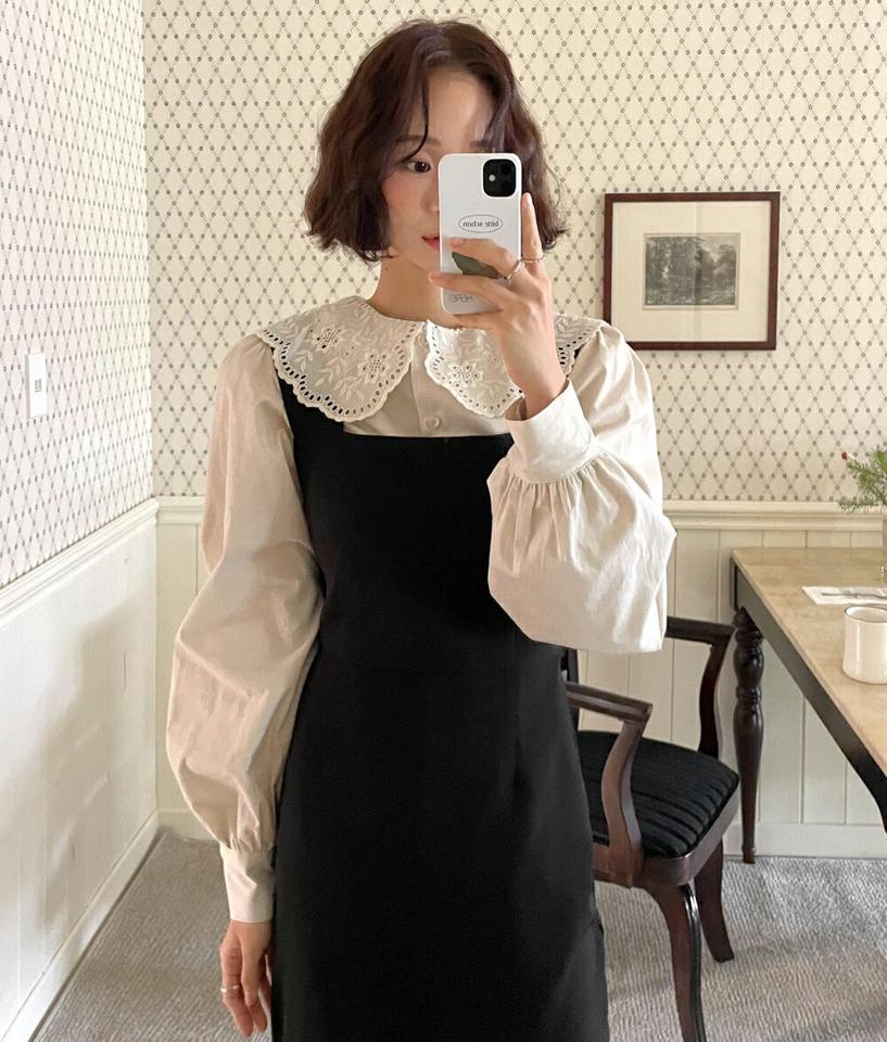 スカラップレースカラーブラウス・全2色・t66236 レディース 【bl】韓国ファッション トップス ブラウス 長袖 ラウンドネック 花柄 フラワー スカラップ レースカラー 襟コンシャス シンプル 大人 体型カバー カジュアル フェミニン 春 秋 冬