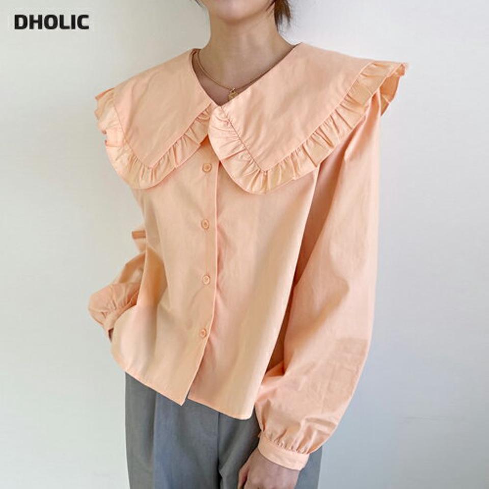 ビッグカラーボタンブラウス・全3色・t00052 レディース 【bl】トップス ブラウス 長袖 襟 ガーリー 大人 可愛い かわいい 単色 フリル シンプル 秋 冬 春 韓国ファッション ハイホリHIHOLLI