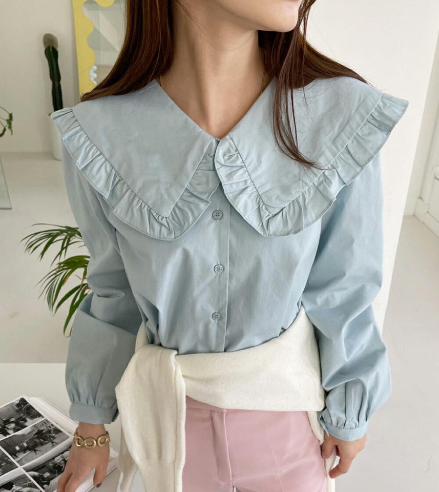 ビッグカラーボタンブラウス・全3色・t00052 レディース 【bl】トップス ブラウス 長袖 襟 ガーリー 大人 可愛い かわいい 単色 フリル シンプル 秋 冬 春 韓国ファッション ハイホリHIHOLLI