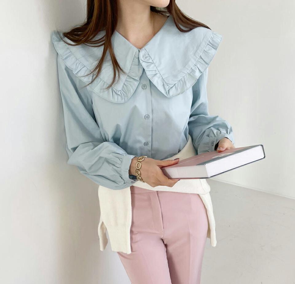 ビッグカラーボタンブラウス・全3色・t00052 レディース 【bl】トップス ブラウス 長袖 襟 ガーリー 大人 可愛い かわいい 単色 フリル シンプル 秋 冬 春 韓国ファッション ハイホリHIHOLLI