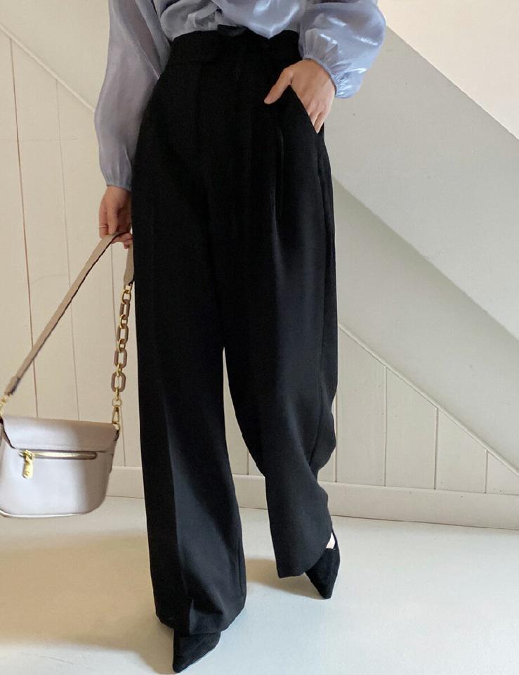 リボンツータックワイドスラックス・全2色・t66259 レディース 【pt】韓国ファッション ボトムス ロング ロングパンツ スラックスパンツ スラックス リボン ツータック ワイド ハイウエスト 無地 シンプル フェミニン カジュアル 秋 冬