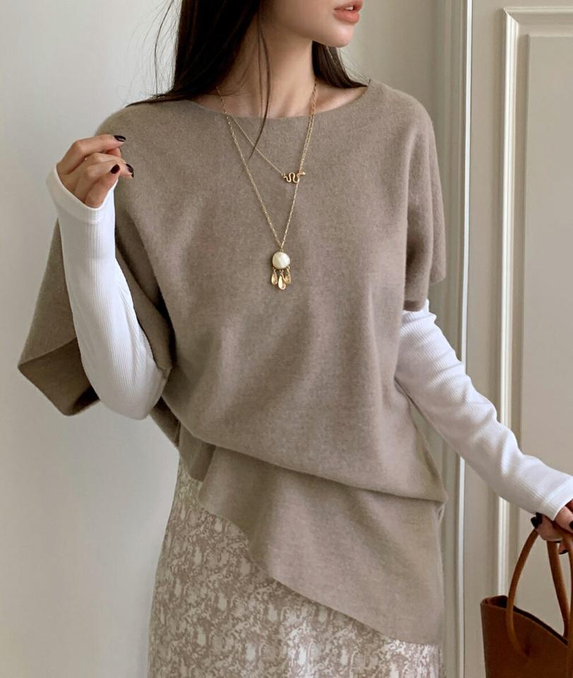 アシメロング半袖Tシャツ・全2色・t00057 レディース 【tops】トップス Tシャツ 半袖 ハーフスリーブ アンバランス ロング丈 単色 無地 シンプル 大人 体型カバー カジュアル 秋 春 韓国ファッション ハイホリHIHOLLI