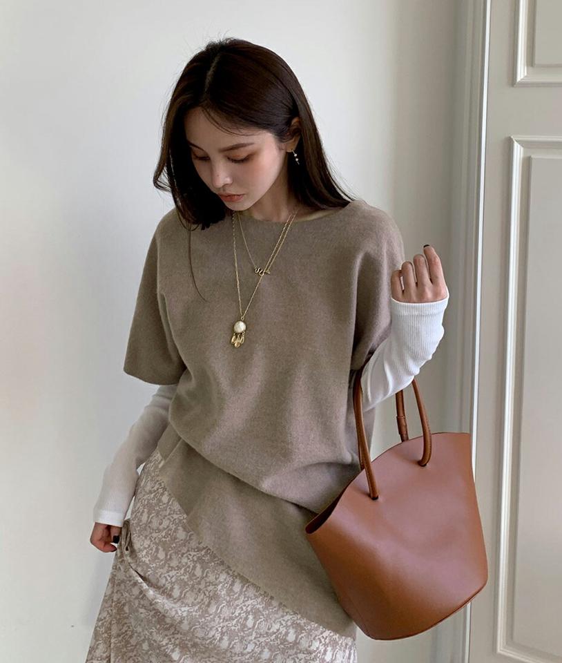 アシメロング半袖Tシャツ・全2色・t00057 レディース 【tops】トップス Tシャツ 半袖 ハーフスリーブ アンバランス ロング丈 単色 無地 シンプル 大人 体型カバー カジュアル 秋 春 韓国ファッション ハイホリHIHOLLI