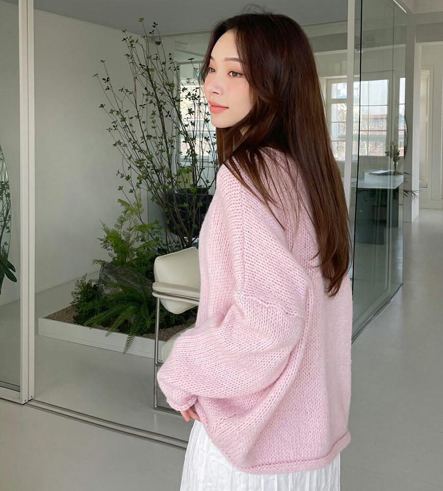 【只今10%OFF】Vネックロールヘムニット・全5色・t00056 レディース 【tops】トップス ニット 長袖 Vネック デコルテ　単色 無地 シンプル カジュアル ラフ ゆったり オーバーサイズ 秋 冬 韓国ファッション ハイホリHIHOLLI【ニットセール】
