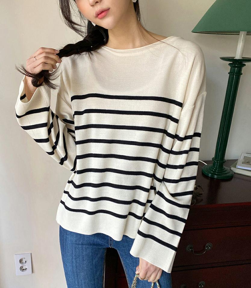 ボーダールーズフィットニット・全4色・t66237 レディース 【tops】韓国ファッション トップス ニット 大人 長袖 ラウンドネック ボーダー ルーズ ドロップショルダー シンプル 体型カバー フェミニン カジュアル 秋 冬