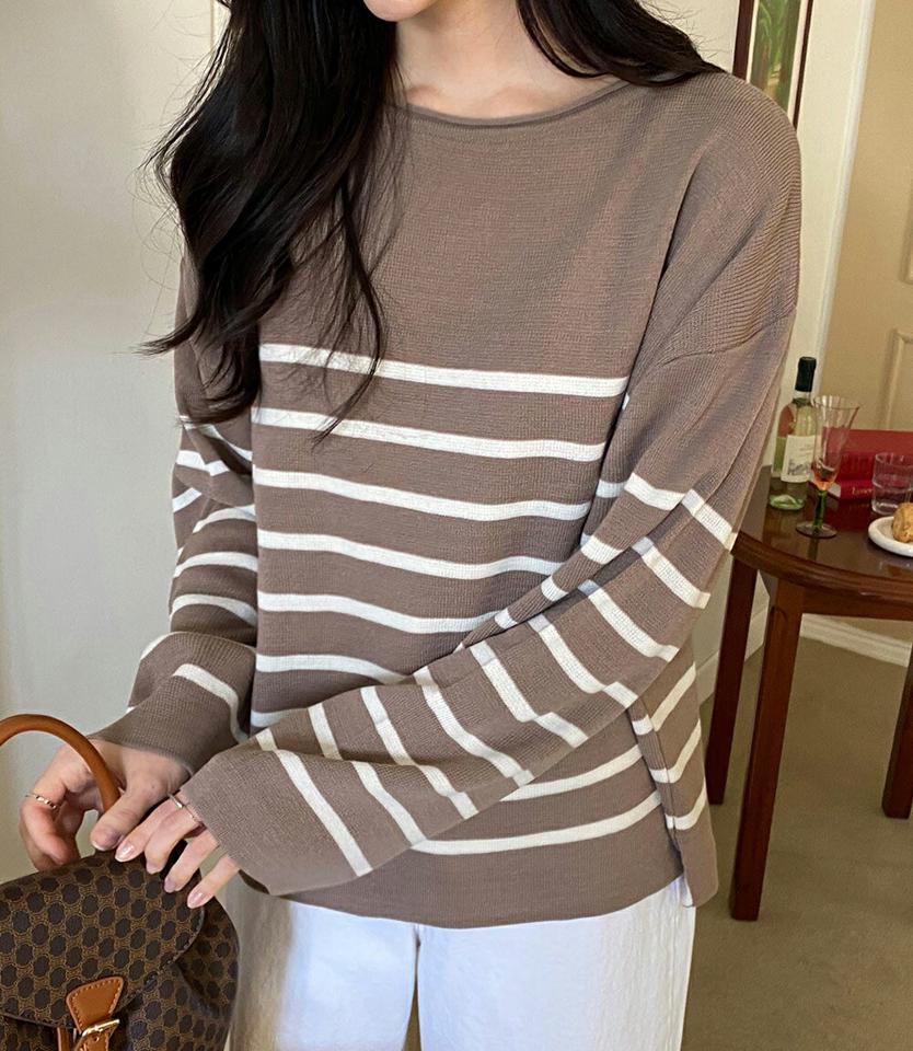 ボーダールーズフィットニット・全4色・t66237 レディース 【tops】韓国ファッション トップス ニット 大人 長袖 ラウンドネック ボーダー ルーズ ドロップショルダー シンプル 体型カバー フェミニン カジュアル 秋 冬