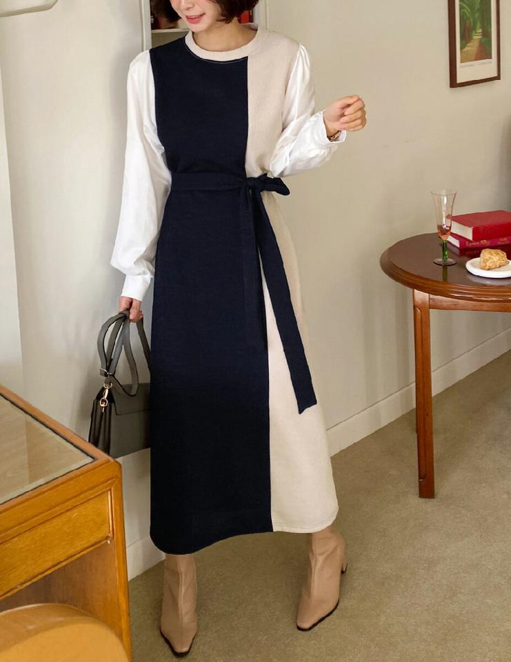 ストラップ付コントラストパフワンピース・全2色・b66267 レディース 【ops】韓国ファッション ワンピース ロングワンピース 長袖 ラウンドネック ストラップ付 コントラスト パフ ロング丈 シンプル カジュアル フェミニン 秋 冬