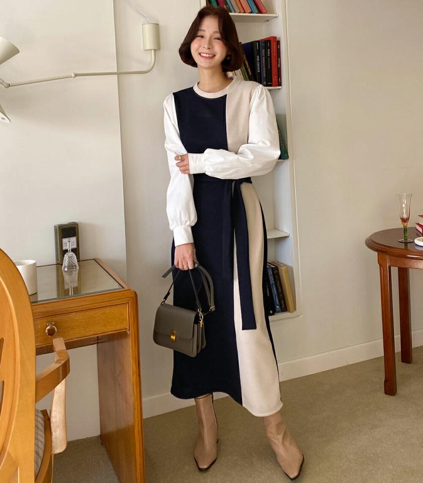 ストラップ付コントラストパフワンピース・全2色・b66267 レディース 【ops】韓国ファッション ワンピース ロングワンピース 長袖 ラウンドネック ストラップ付 コントラスト パフ ロング丈 シンプル カジュアル フェミニン 秋 冬