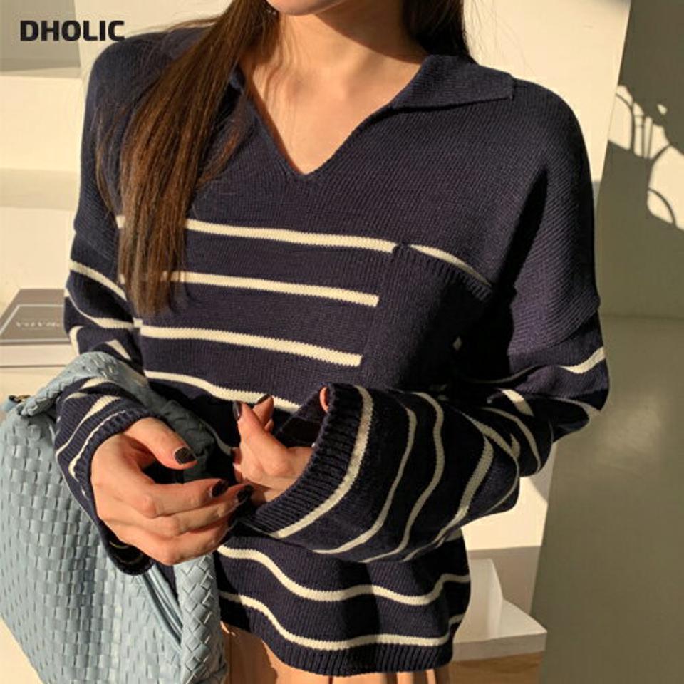【只今10%OFF】ボーダーカラーポケットニット・全4色・t00055 レディース 【tops】トップス ニット 長袖 ボーダー柄 カジュアル ラフ 大人 Vネック スリット 秋 冬 韓国ファッション ハイホリHIHOLLI【ニットセール】