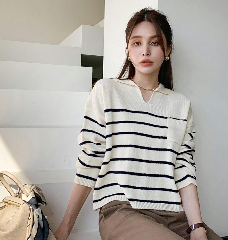 【只今10%OFF】ボーダーカラーポケットニット・全4色・t00055 レディース 【tops】トップス ニット 長袖 ボーダー柄 カジュアル ラフ 大人 Vネック スリット 秋 冬 韓国ファッション ハイホリHIHOLLI【ニットセール】