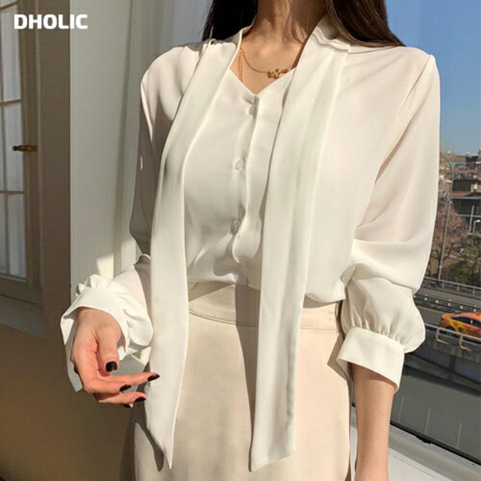 リボンタイブラウス・全4色・t00050 レディース 【bl】トップス ブラウス 長袖 りぼん タイ 単色 無地 シンプル フェミニン 大人 きれいめ 上品 秋 冬 春 韓国ファッション ハイホリHIHOLLI