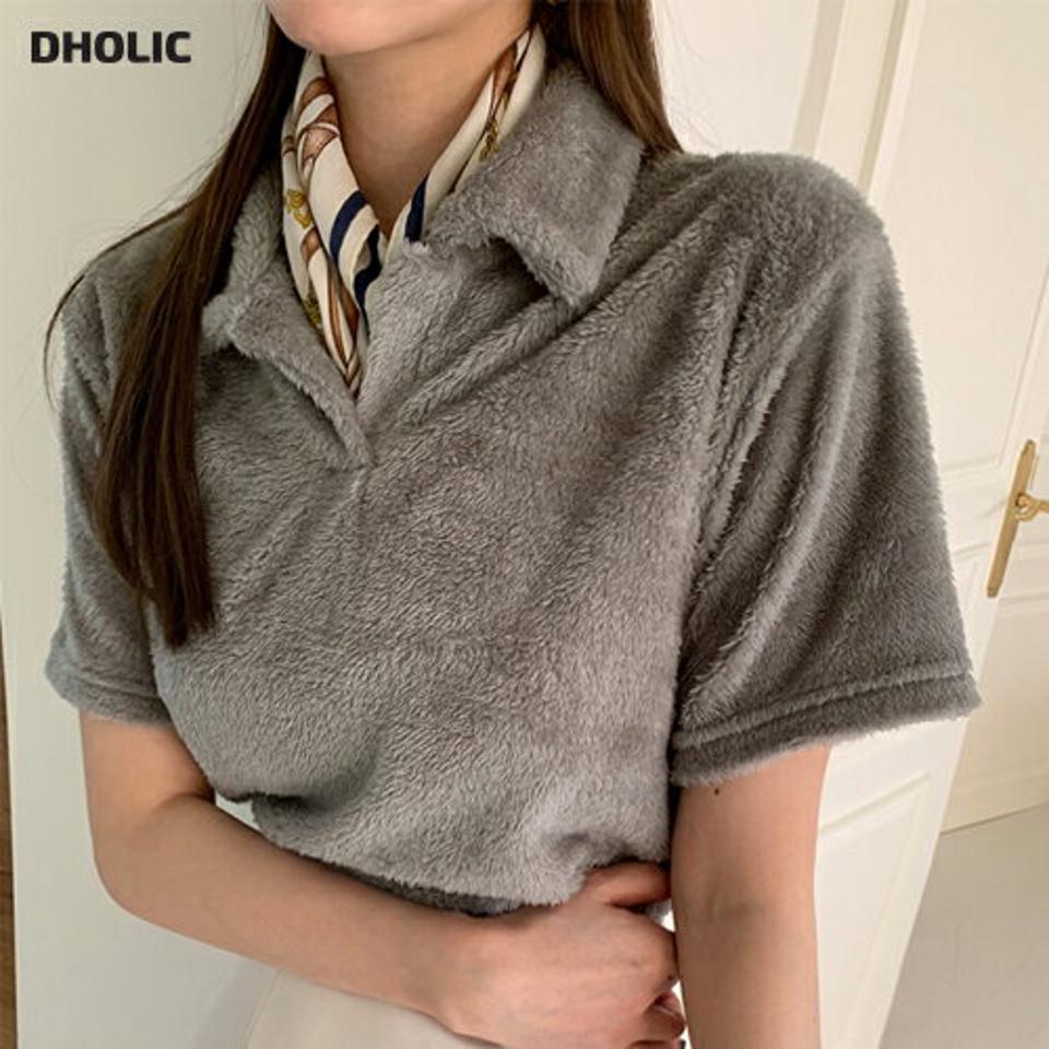 エコファーカラーTシャツ・全5色・t00049 レディース 【tops】トップス Tシャツ 半袖 フェイクファー シンプル ポロ襟 大人 カジュアル クロップド丈 秋 冬 韓国ファッション ハイホリHIHOLLI