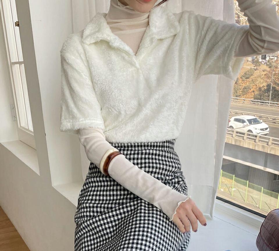 エコファーカラーTシャツ・全5色・t00049 レディース 【tops】トップス Tシャツ 半袖 フェイクファー シンプル ポロ襟 大人 カジュアル クロップド丈 秋 冬 韓国ファッション ハイホリHIHOLLI