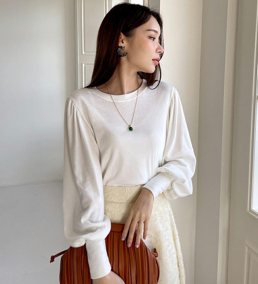 起毛パフスリーブTシャツ・全4色・t00047 レディース 【tops】トップス Tシャツ 長袖 パフスリーブ パフ袖 単色 無地 シンプル フェミニン 大人 秋 冬 韓国ファッション ハイホリHIHOLLI
